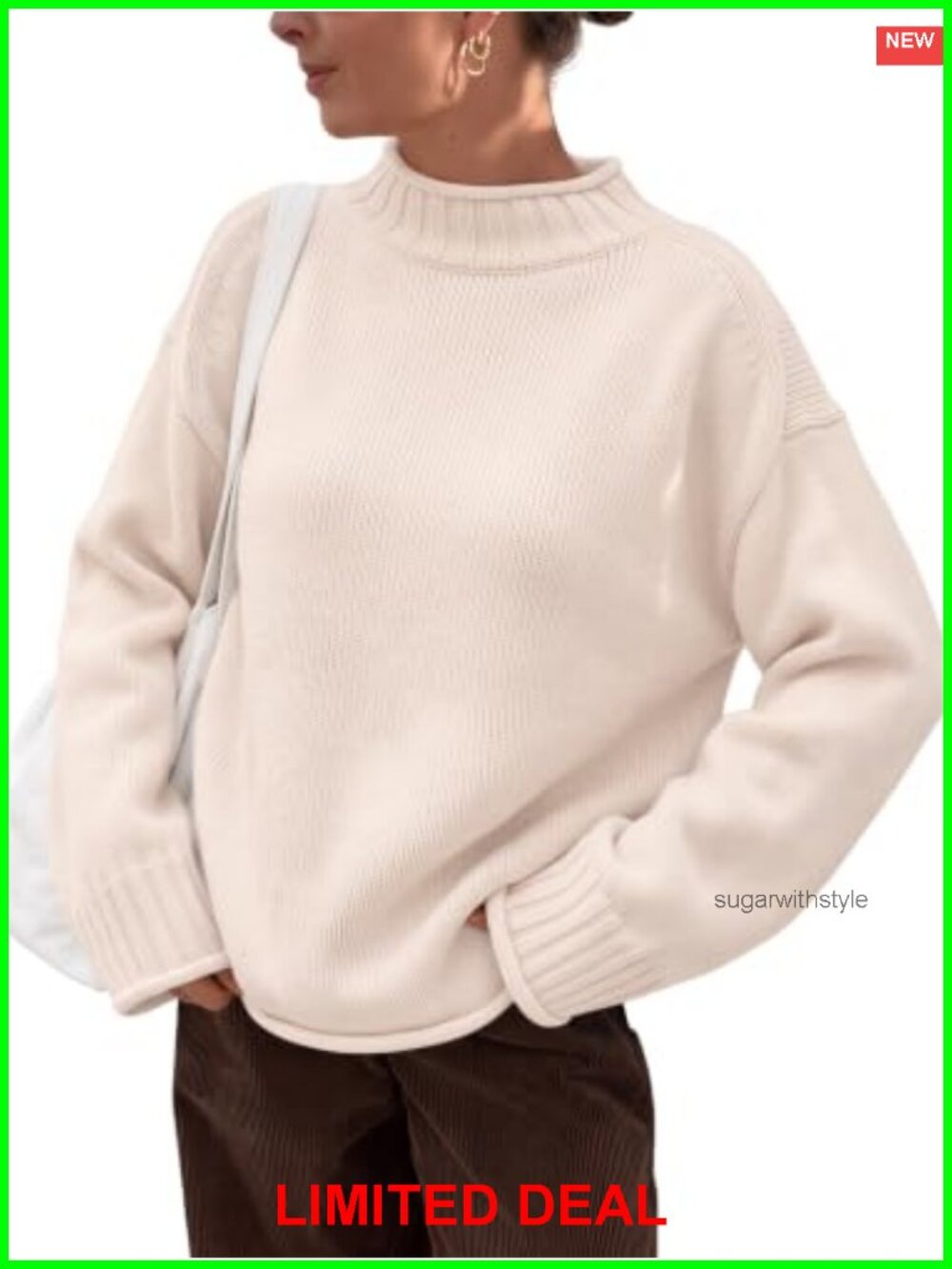 Oversized Mock Neck Cotton Blend Knit Pullover Sweater